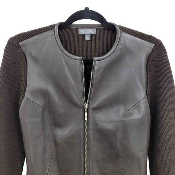 Vintage 80's Classiques Entier Jacket Leather Merino Wool Ribbed Zip Up Brown XS - Picture 5 of 12
